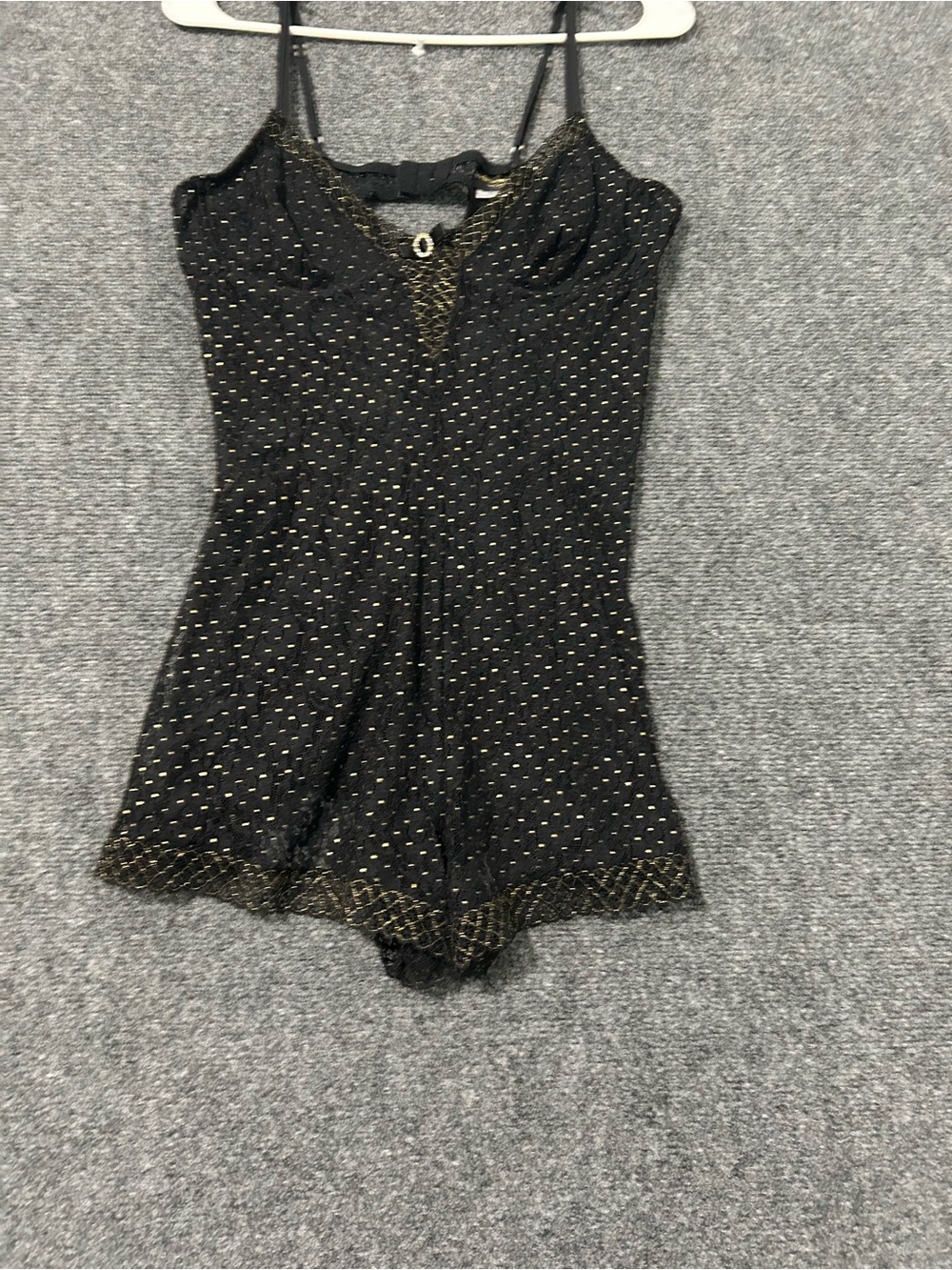 Black & Gold Polka Dot Lace-Trim Romper Pajama